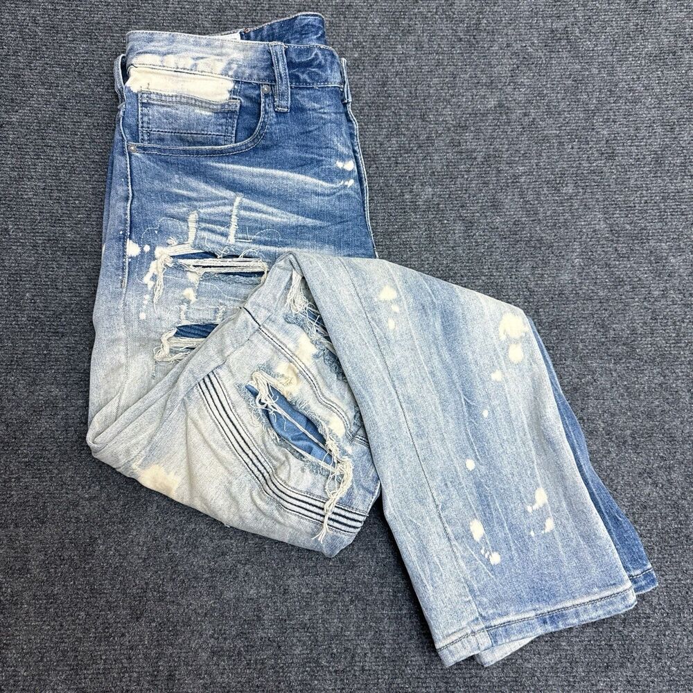 Smoke Rise Mens Moto Taper Stretch Jeans Slim Bleach Streetwear Distress 33 X 32